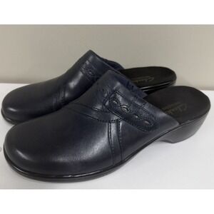 Clarks Bendables Leather Clogs  Mules Navy Blue Slip On Shoes Women's 8.5